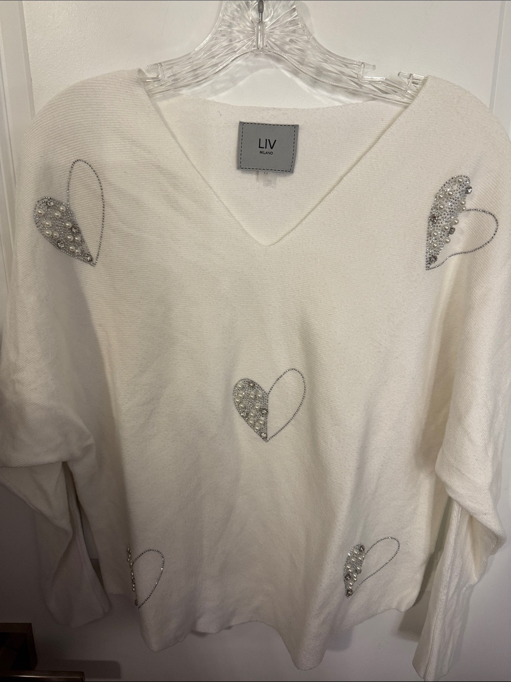 Milano White V-Neck Sweater with Crystal Heart Details